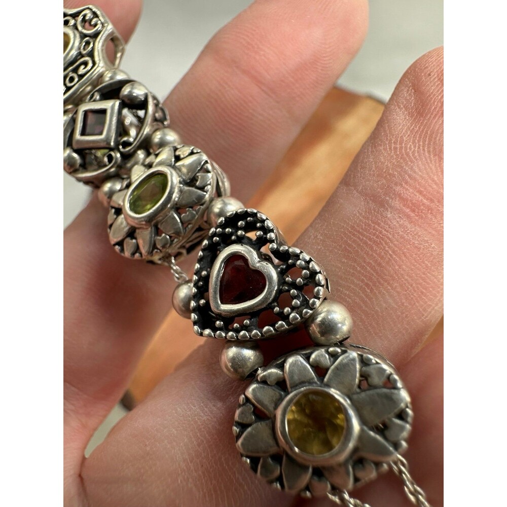 Brighton Design Sterling Silver 9 Multi Gemstone Slide Charm Bracelet Garnet